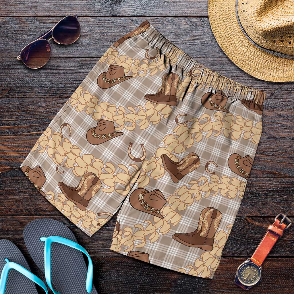 Khaki Palaka Hawaii Cowboy Shorts for Men Puakenikeni Lei Paniolo Papale Seamless Vibes - Polynesian Pride