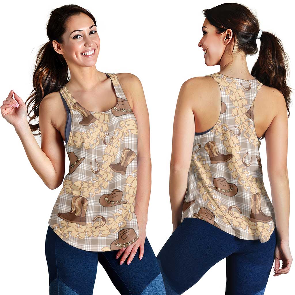 Khaki Palaka Hawaii Cowboy Women Racerback Tank Puakenikeni Lei Paniolo Papale Seamless Vibes - Polynesian Pride
