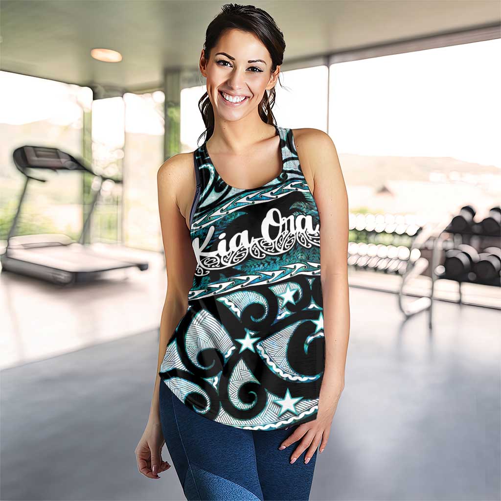 Kia Ora New Zealand Women Racerback Tank Aotearoa Proud Maori Paua Shell Silver Fern - Polynesian Pride