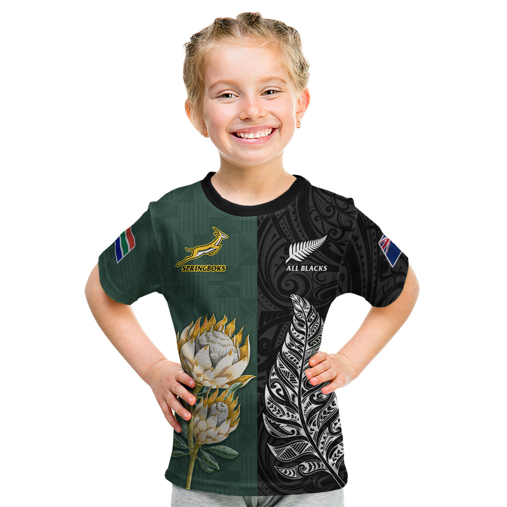 South Africa Protea and New Zealand Fern T Shirt Rugby Go Springboks vs All Black Ver.02 LT13 - Polynesian Pride