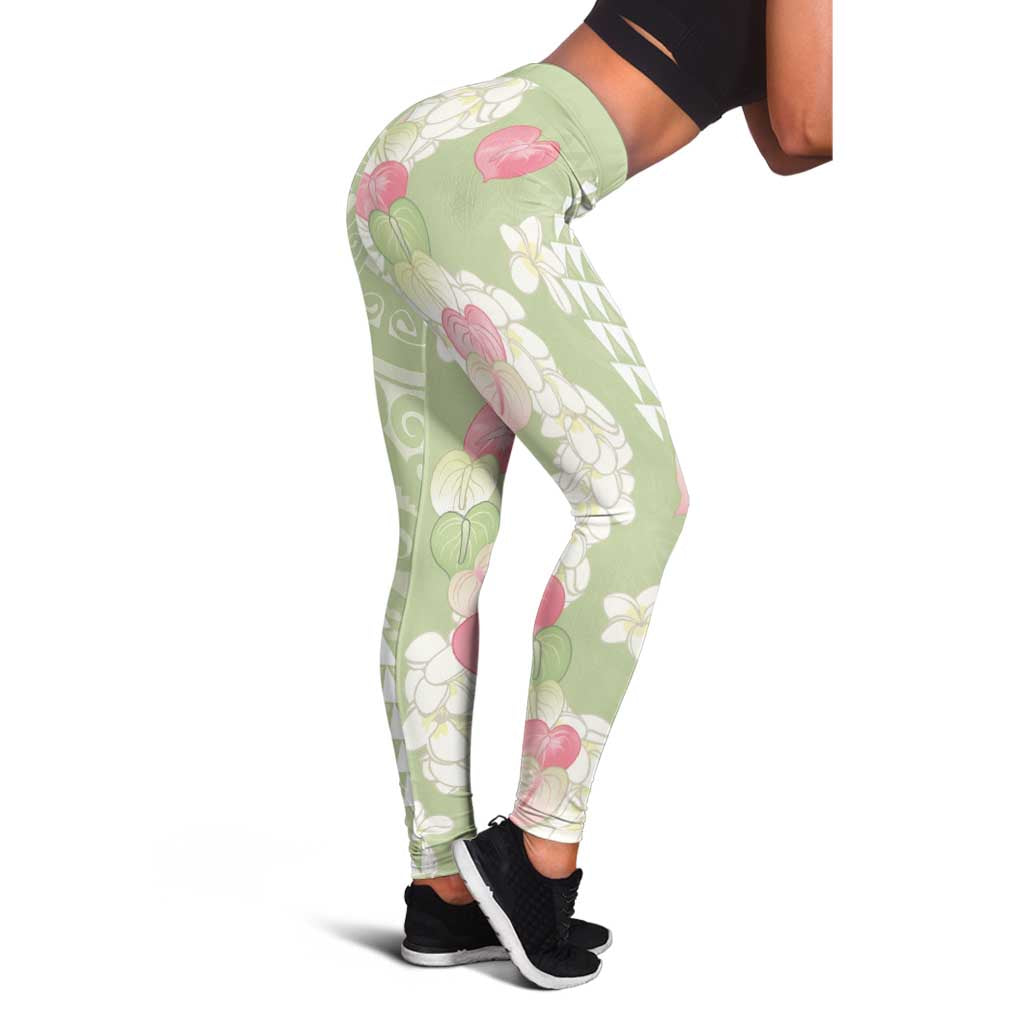 Leaf Green Hawaii Anthurium Plumeria Lei Leggings