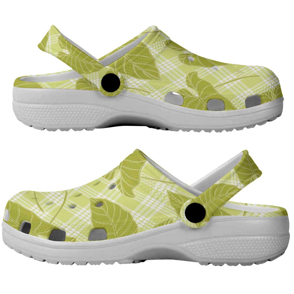 Lime Green Hawaii Kalo Palaka Motifs Clogs Shoes Hawaiian Taro Leaves Elegant Vibes