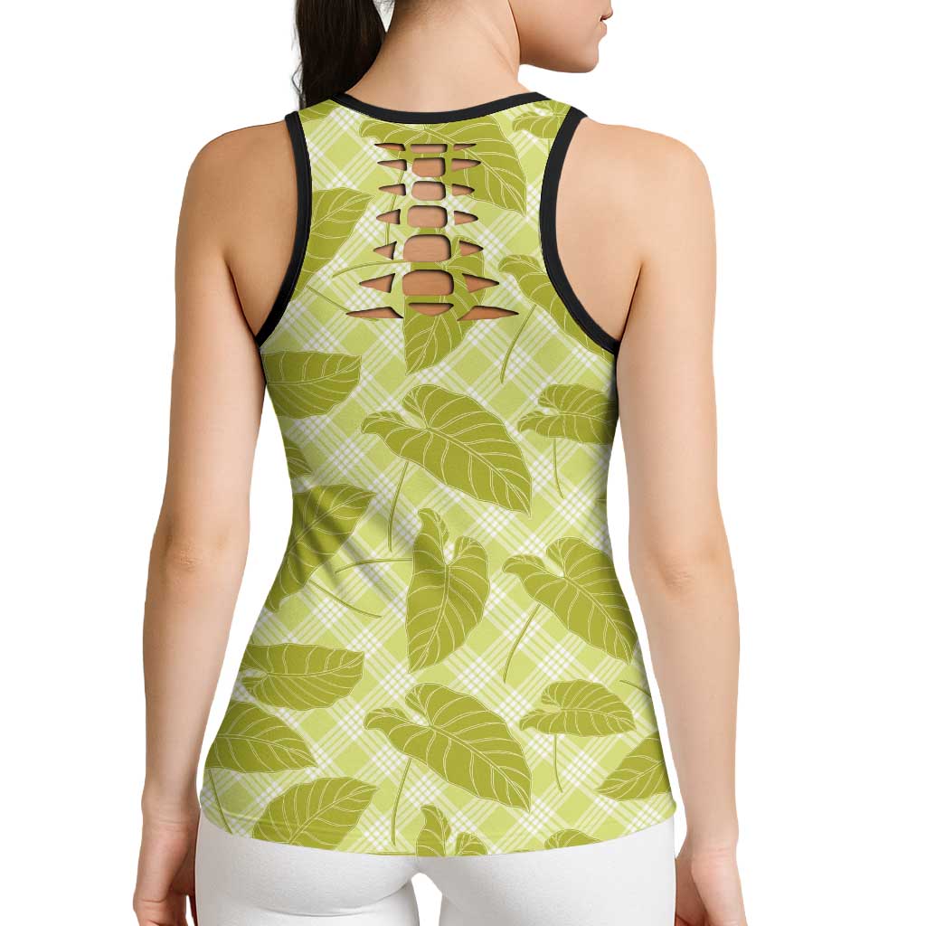 Lime Green Hawaii Kalo Palaka Motifs Hollow Tank Top Hawaiian Taro Leaves Elegant Vibes