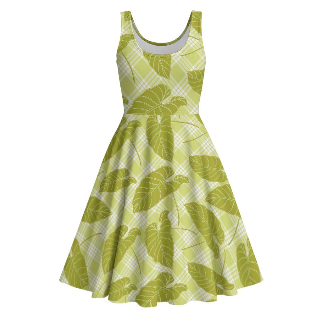 Lime Green Hawaii Kalo Palaka Motifs Midi Dress Hawaiian Taro Leaves Elegant Vibes