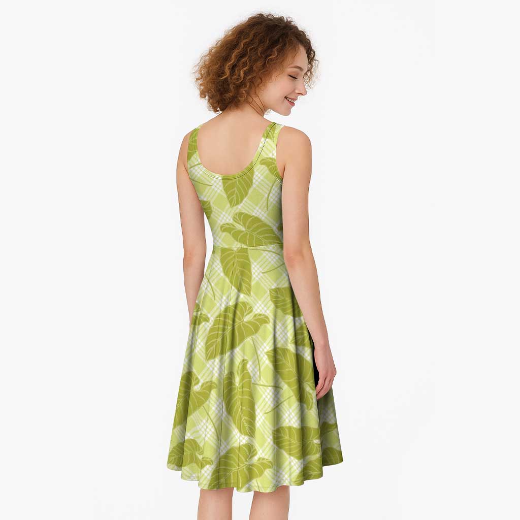 Lime Green Hawaii Kalo Palaka Motifs Midi Dress Hawaiian Taro Leaves Elegant Vibes