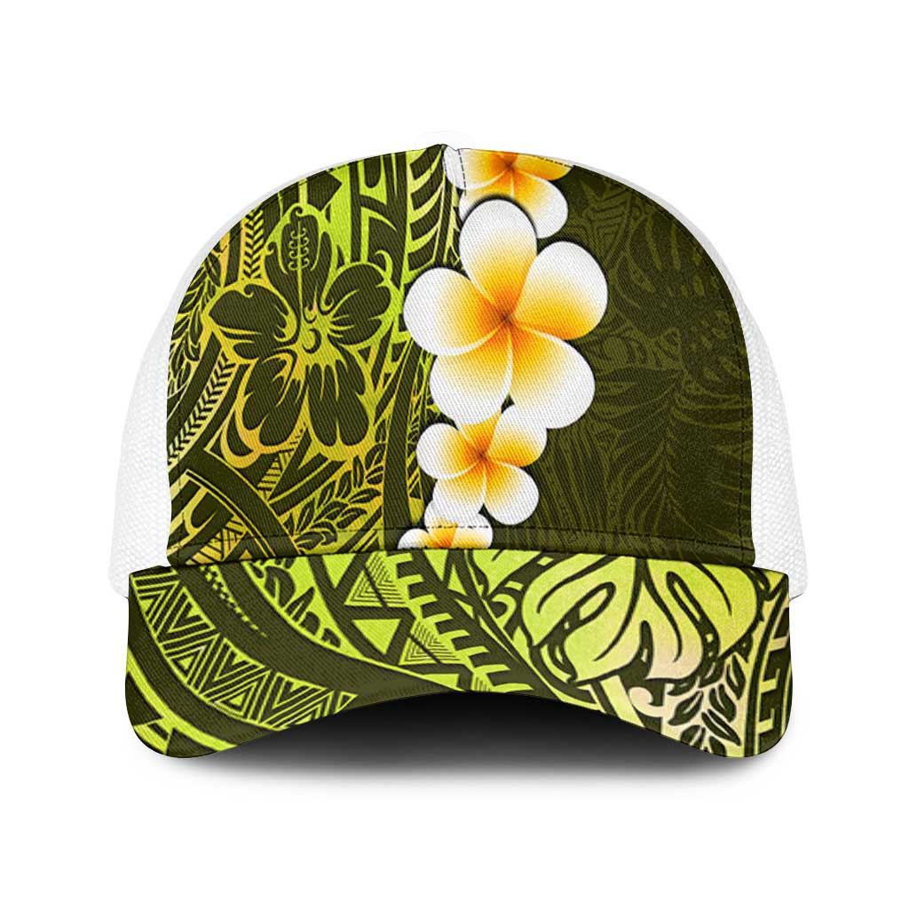 Lime Green Polynesia Baseball Net Cap Plumeria Tropical Leaves With Galaxy Polynesian Art - Polynesian Pride
