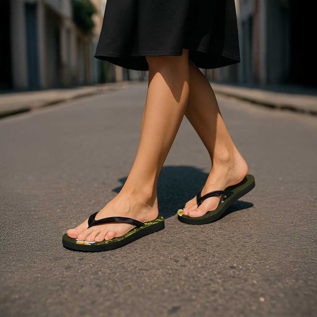 Lime Green Polynesia Flip Flops Plumeria Tropical Leaves Galaxy Polynesian Art - Polynesian Pride