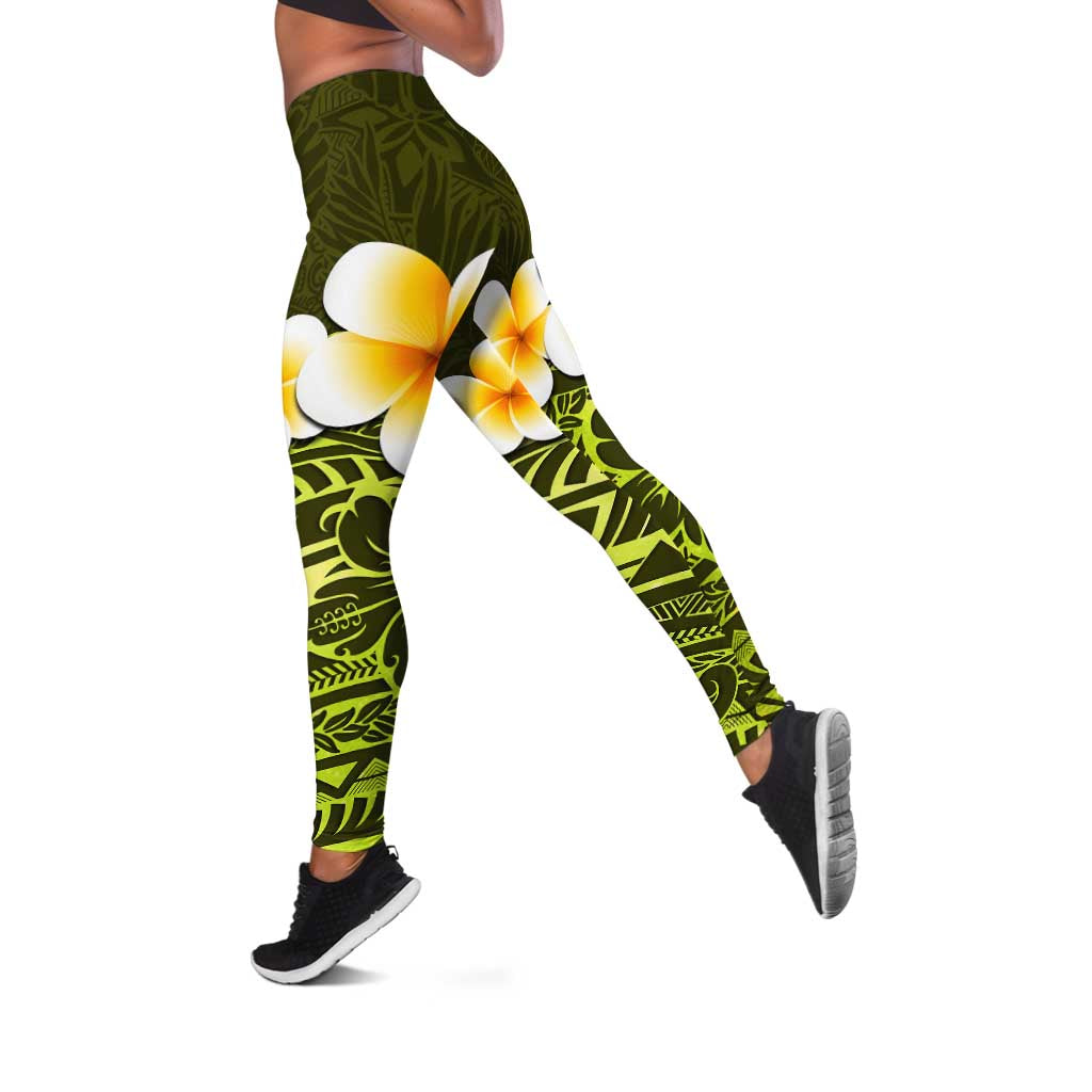 Lime Green Polynesia Leggings Plumeria Tropical Leaves With Galaxy Polynesian Art - Polynesian Pride