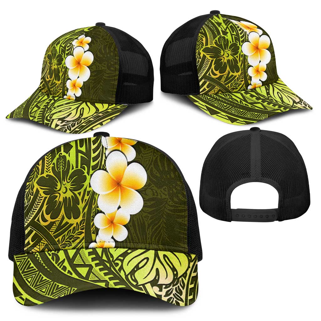 Lime Green Polynesia Mesh Trucker Cap Plumeria Tropical Leaves With Galaxy Polynesian Art - Polynesian Pride
