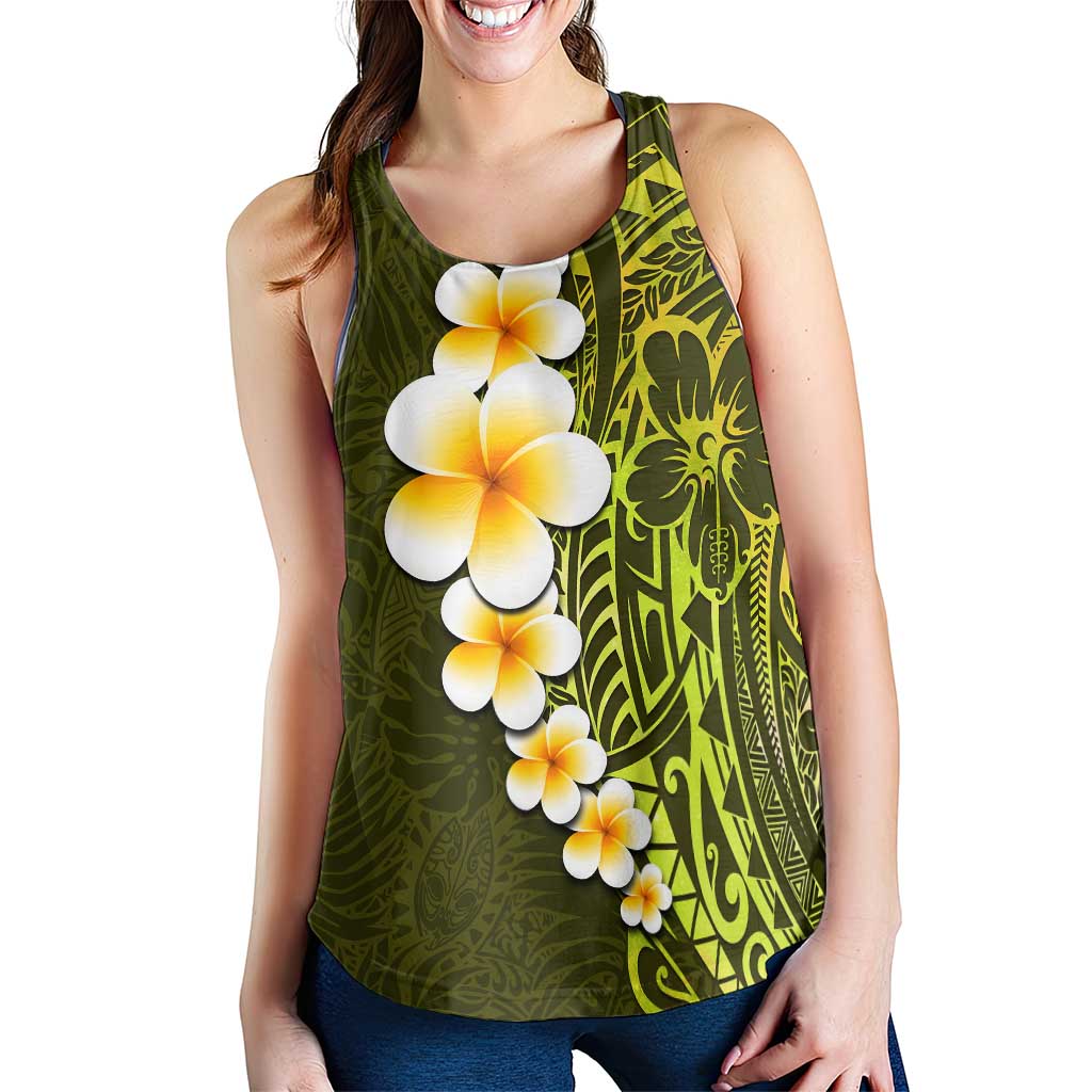 Lime Green Polynesia Women Racerback Tank Plumeria Tropical Leaves With Galaxy Polynesian Art - Polynesian Pride