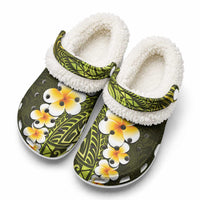 Lime Green Tropical Plumeria With Galaxy Polynesian Art Fleece Clogs