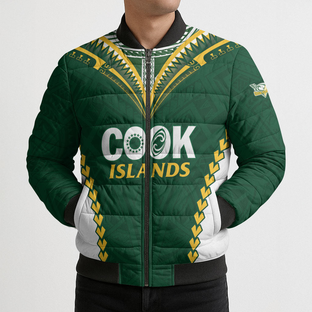 Custom Rugby League Cook Islands Bomber Puffer Jacket Tribal Pattern Green Version LT01 - Polynesian Pride