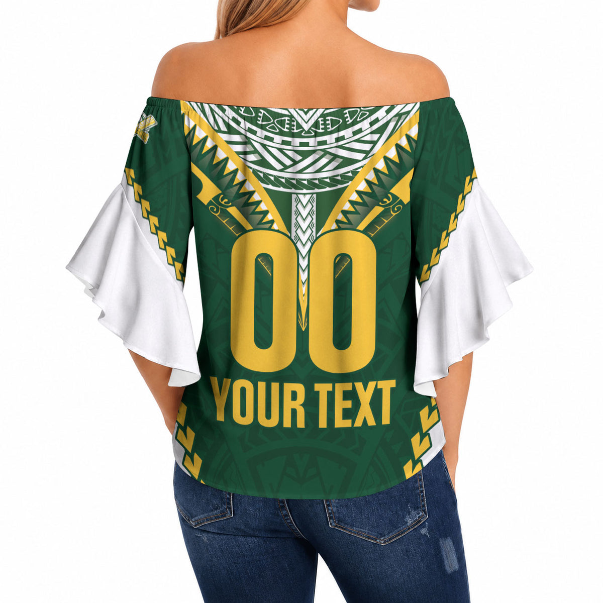 Custom Rugby League Cook Islands Off Shoulder Wrap Waist Top Tribal Pattern Green Version LT01 - Polynesian Pride
