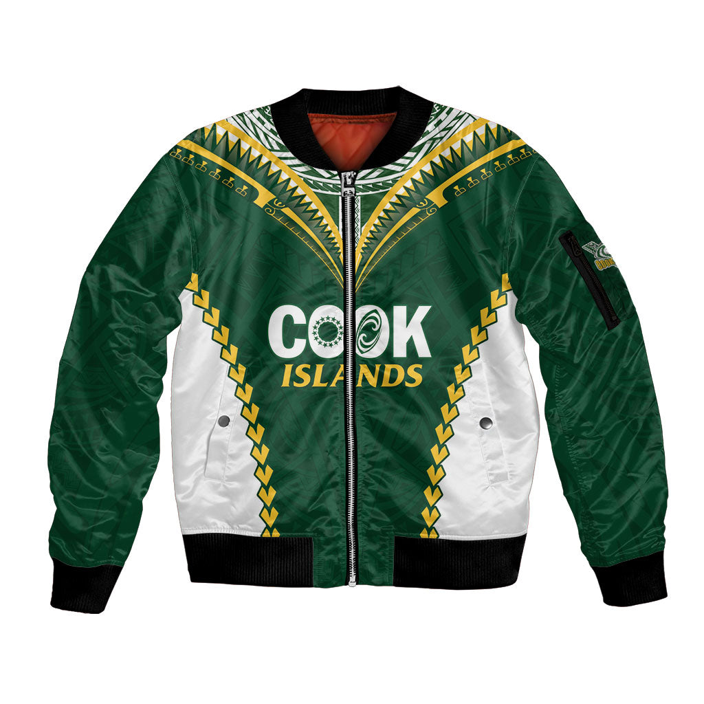 Custom Rugby League Cook Islands Sleeve Zip Bomber Jacket Tribal Pattern Green Version LT01 Unisex Green - Polynesian Pride