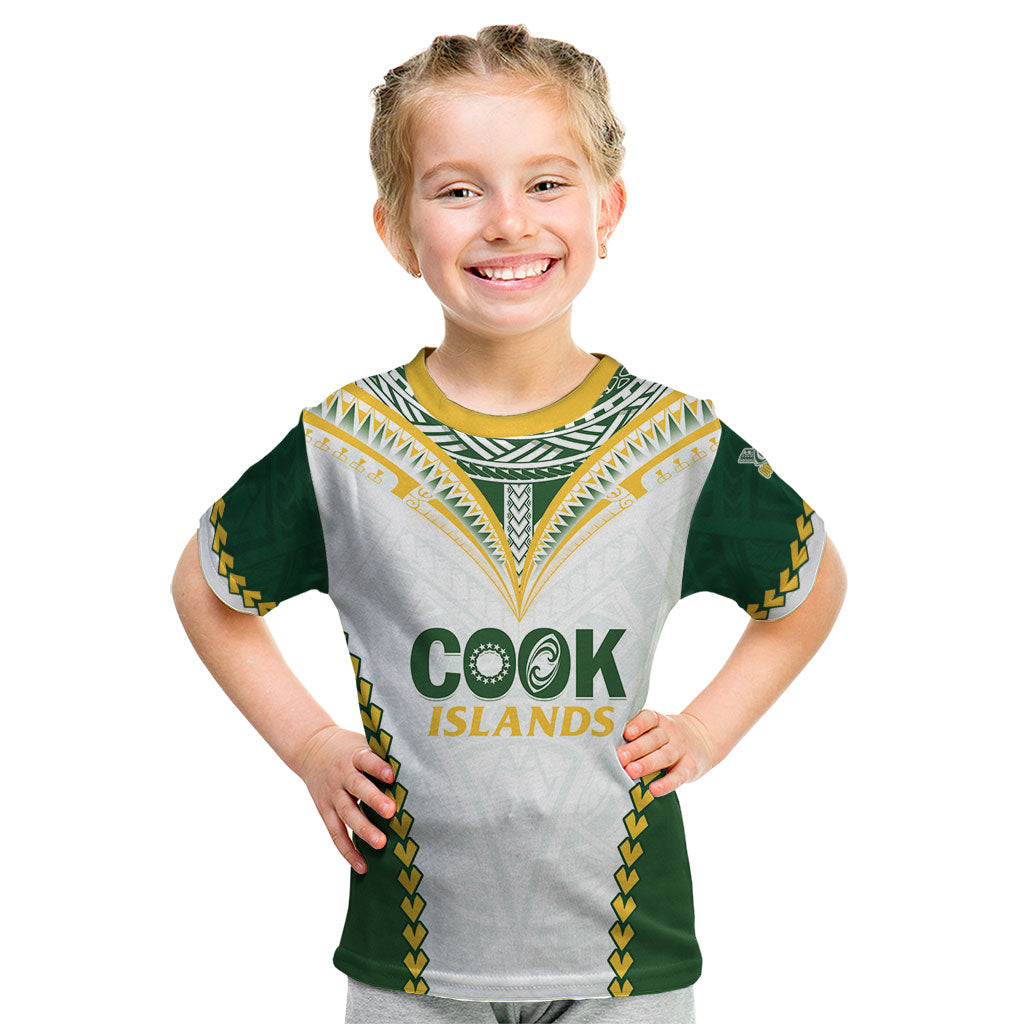 Custom Rugby League Cook Islands Kid T Shirt Tribal Pattern White Version LT01 White - Polynesian Pride