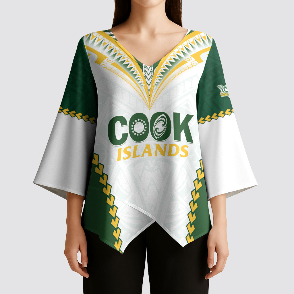 Custom Rugby League Cook Islands Kimono Sleeve Blouse Tribal Pattern White Version LT01 - Polynesian Pride