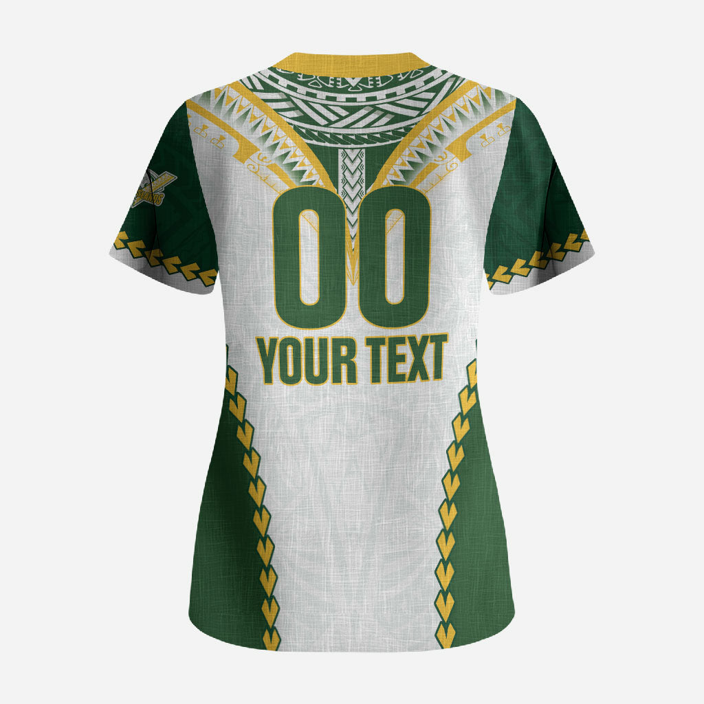 Custom Rugby League Cook Islands Scrub Top Tribal Pattern White Version LT01 - Polynesian Pride
