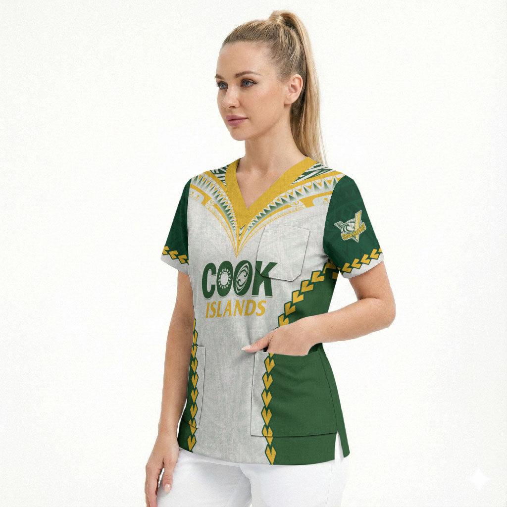 Custom Rugby League Cook Islands Scrub Top Tribal Pattern White Version LT01 - Polynesian Pride