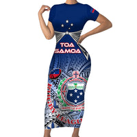 Custom Samoa Rugby Family Matching Short Sleeve Bodycon Dress and Hawaiian Shirt Toa Samoa Myriad Patterns LT01 Mom's Dress Blue - Polynesian Pride