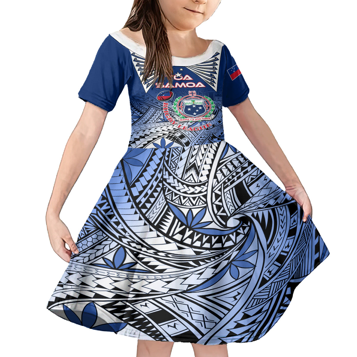 Custom Samoa Rugby Kid Short Sleeve Dress Toa Samoa Myriad Patterns LT01 KID Blue - Polynesian Pride