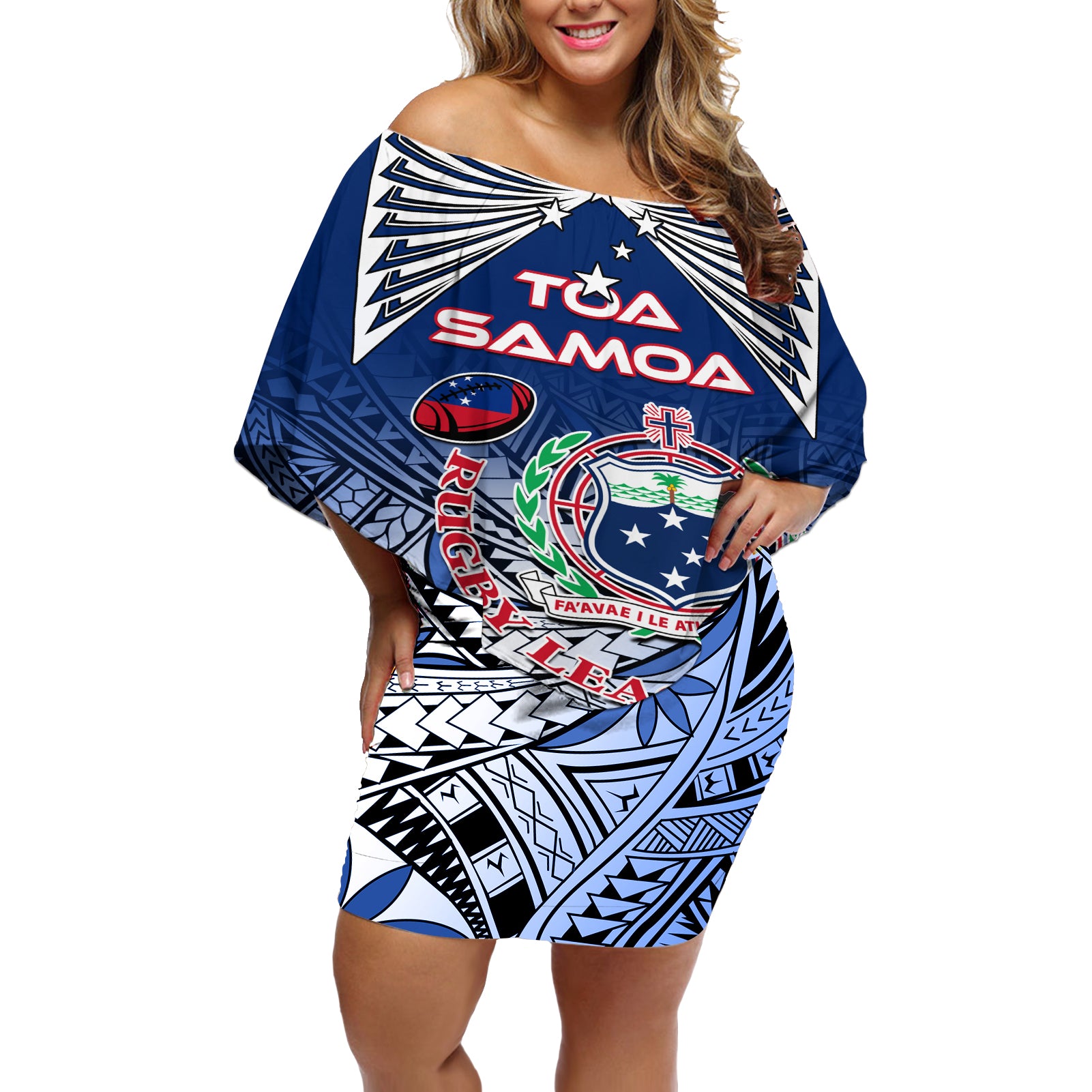 Custom Samoa Rugby Off Shoulder Short Dress Toa Samoa Myriad Patterns LT01 Women Blue - Polynesian Pride