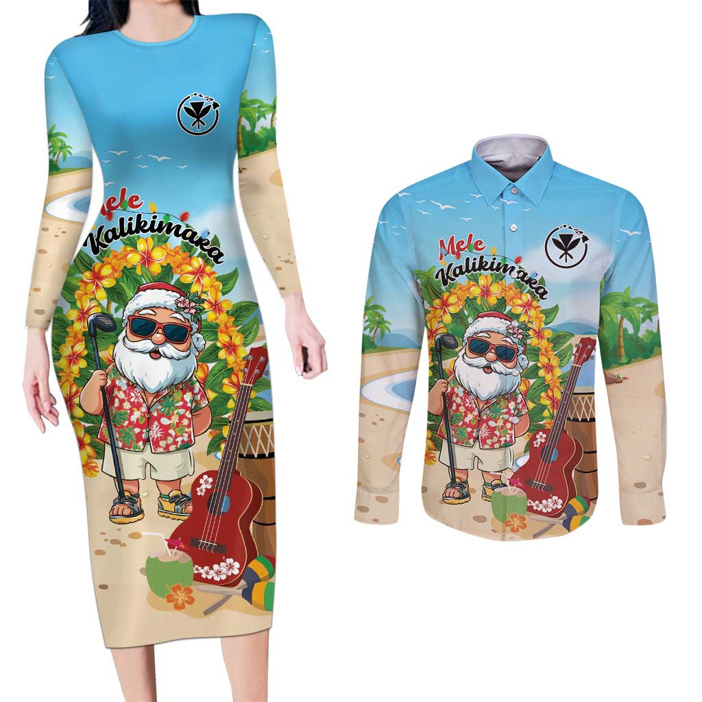 Personalized Hawaii Golf Christmas Couples Matching Long Sleeve Bodycon Dress and Long Sleeve Button Shirt Mele Kalikimaka Funny Golfer Santa - Polynesian Pride