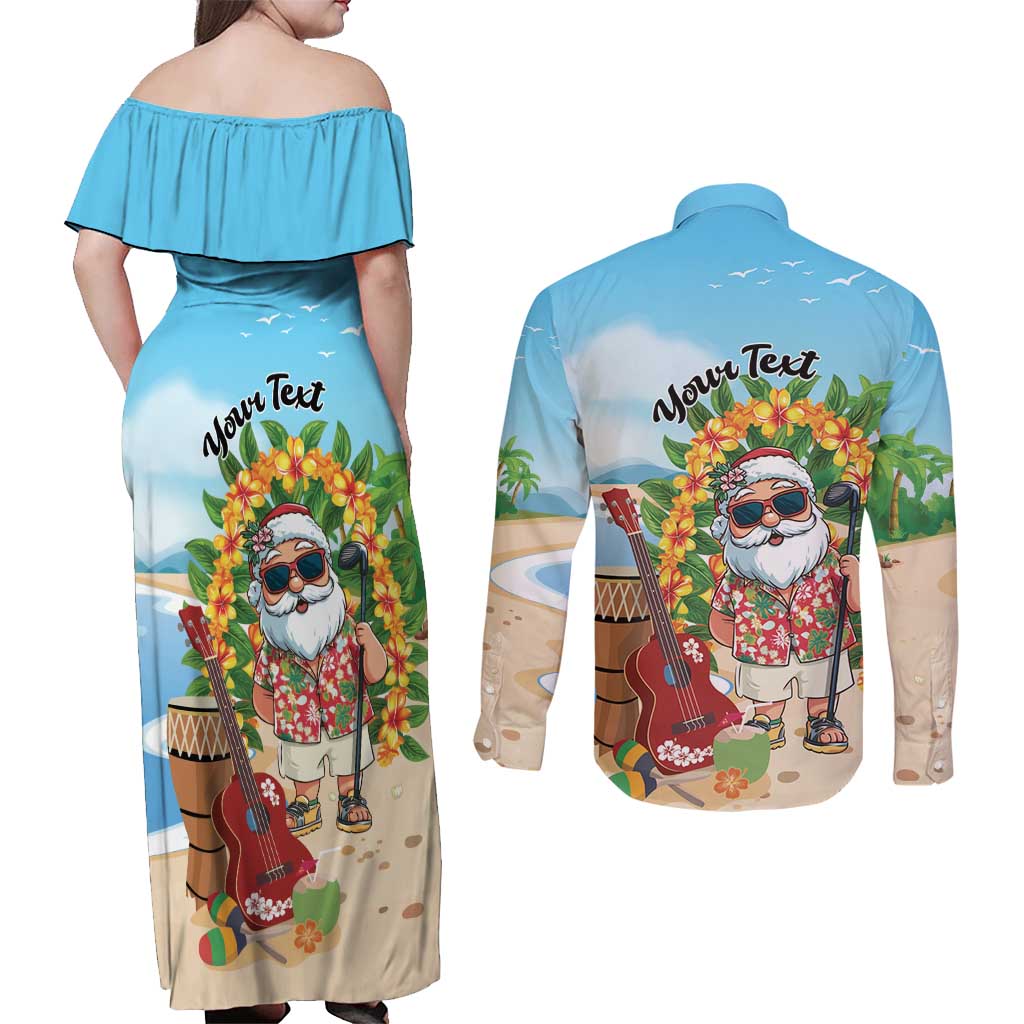 Personalized Hawaii Golf Christmas Couples Matching Off Shoulder Maxi Dress and Long Sleeve Button Shirt Mele Kalikimaka Funny Golfer Santa - Polynesian Pride
