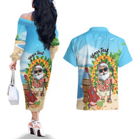 Personalized Hawaii Golf Christmas Couples Matching Off The Shoulder Long Sleeve Dress and Hawaiian Shirt Mele Kalikimaka Funny Golfer Santa - Polynesian Pride