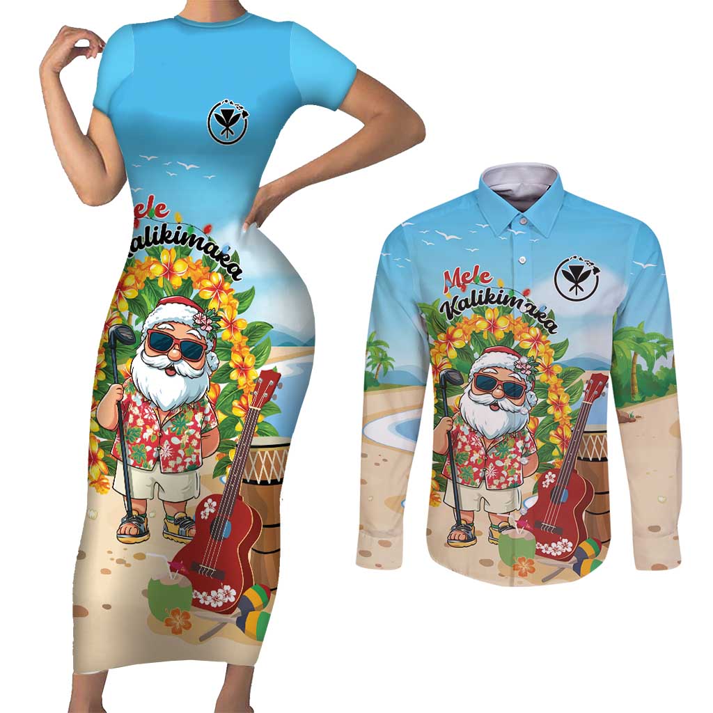 Personalized Hawaii Golf Christmas Couples Matching Short Sleeve Bodycon Dress and Long Sleeve Button Shirt Mele Kalikimaka Funny Golfer Santa - Polynesian Pride