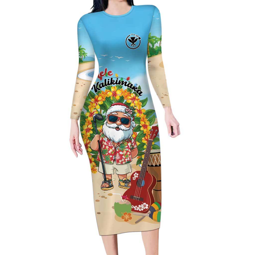 Personalized Hawaii Golf Christmas Long Sleeve Bodycon Dress Mele Kalikimaka Funny Golfer Santa - Polynesian Pride
