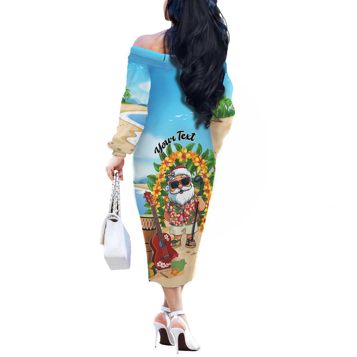Personalized Hawaii Golf Christmas Off The Shoulder Long Sleeve Dress Mele Kalikimaka Funny Golfer Santa - Polynesian Pride
