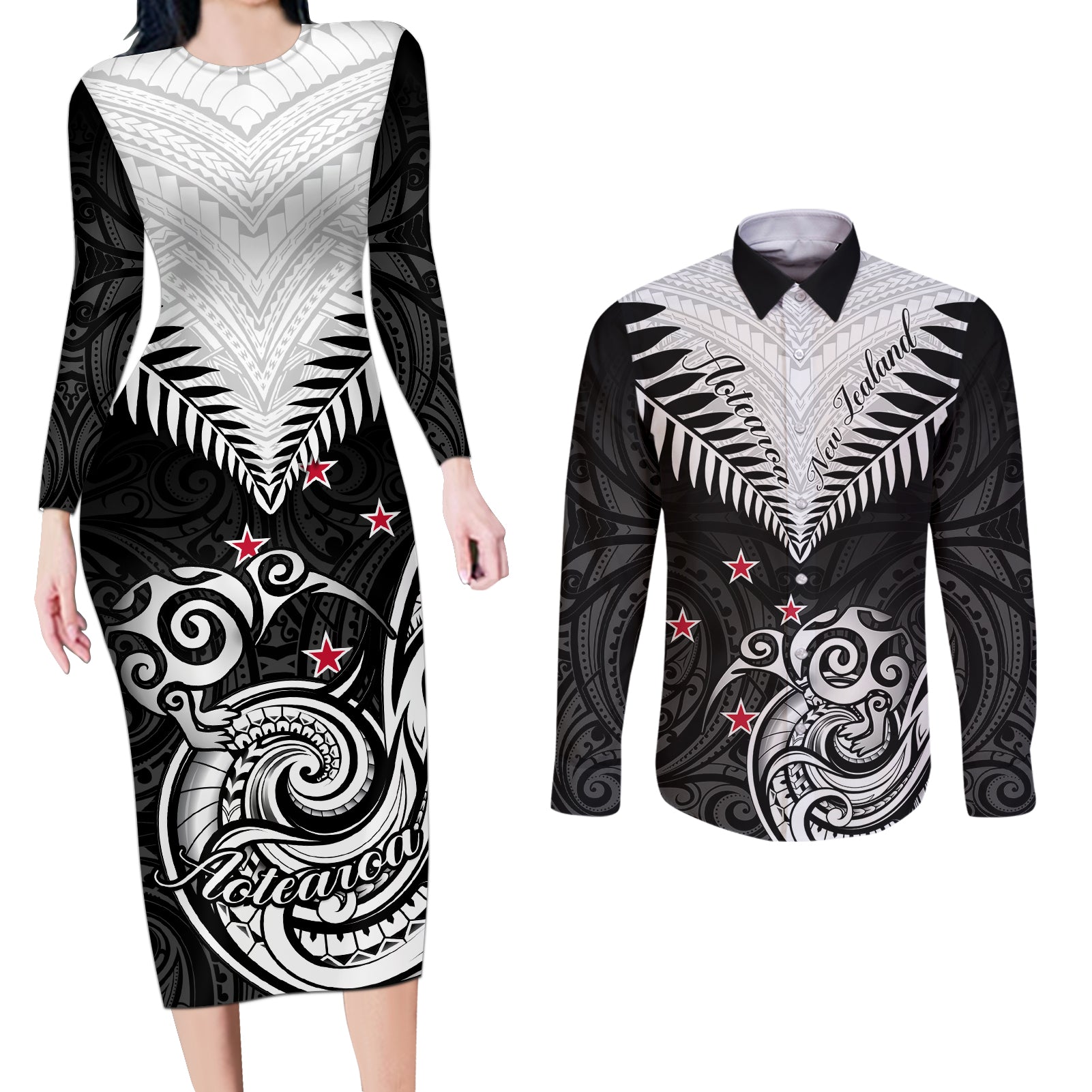 New Zealand Couples Matching Long Sleeve Bodycon Dress and Long Sleeve Button Shirts Aotearoa Maori Kiwi Black Fern LT01 Black - Polynesian Pride