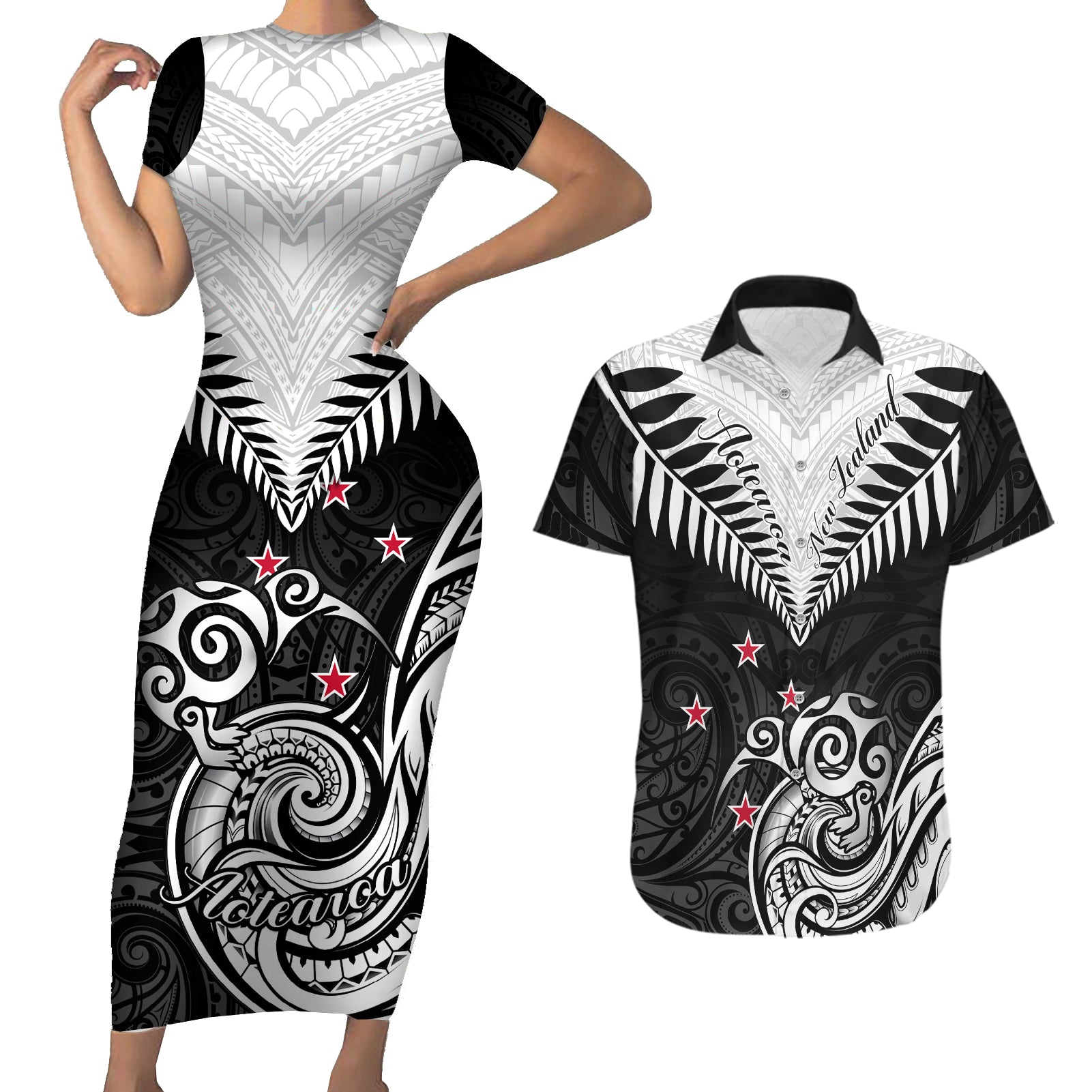 New Zealand Couples Matching Short Sleeve Bodycon Dress and Hawaiian Shirt Aotearoa Maori Kiwi Black Fern LT01 Black - Polynesian Pride