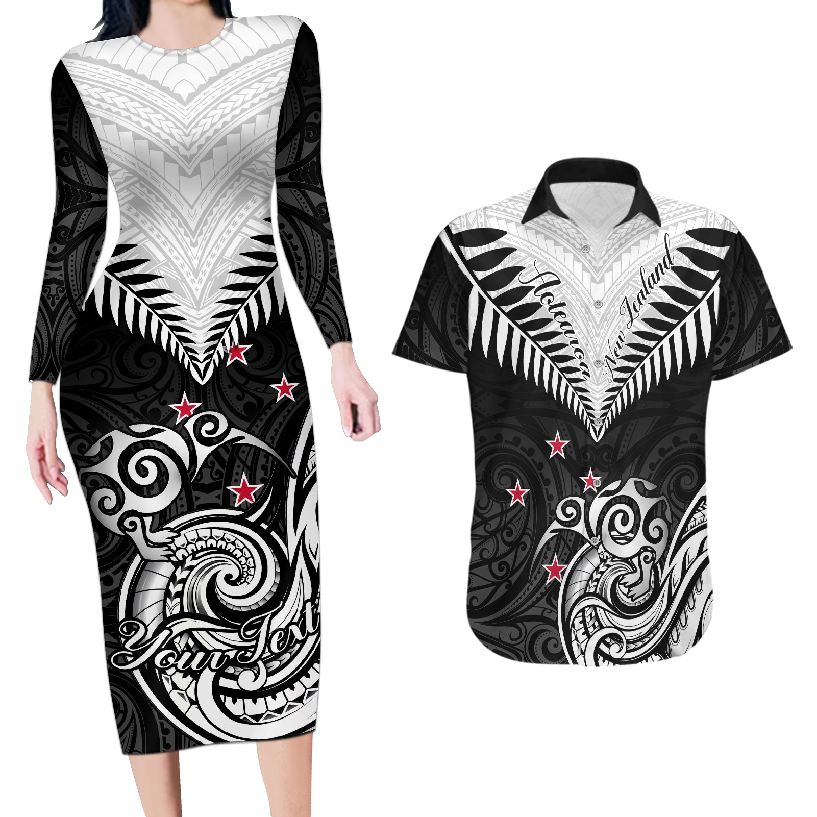 Personalised New Zealand Couples Matching Long Sleeve Bodycon Dress and Hawaiian Shirt Aotearoa Maori Kiwi Black Fern LT01 Black - Polynesian Pride