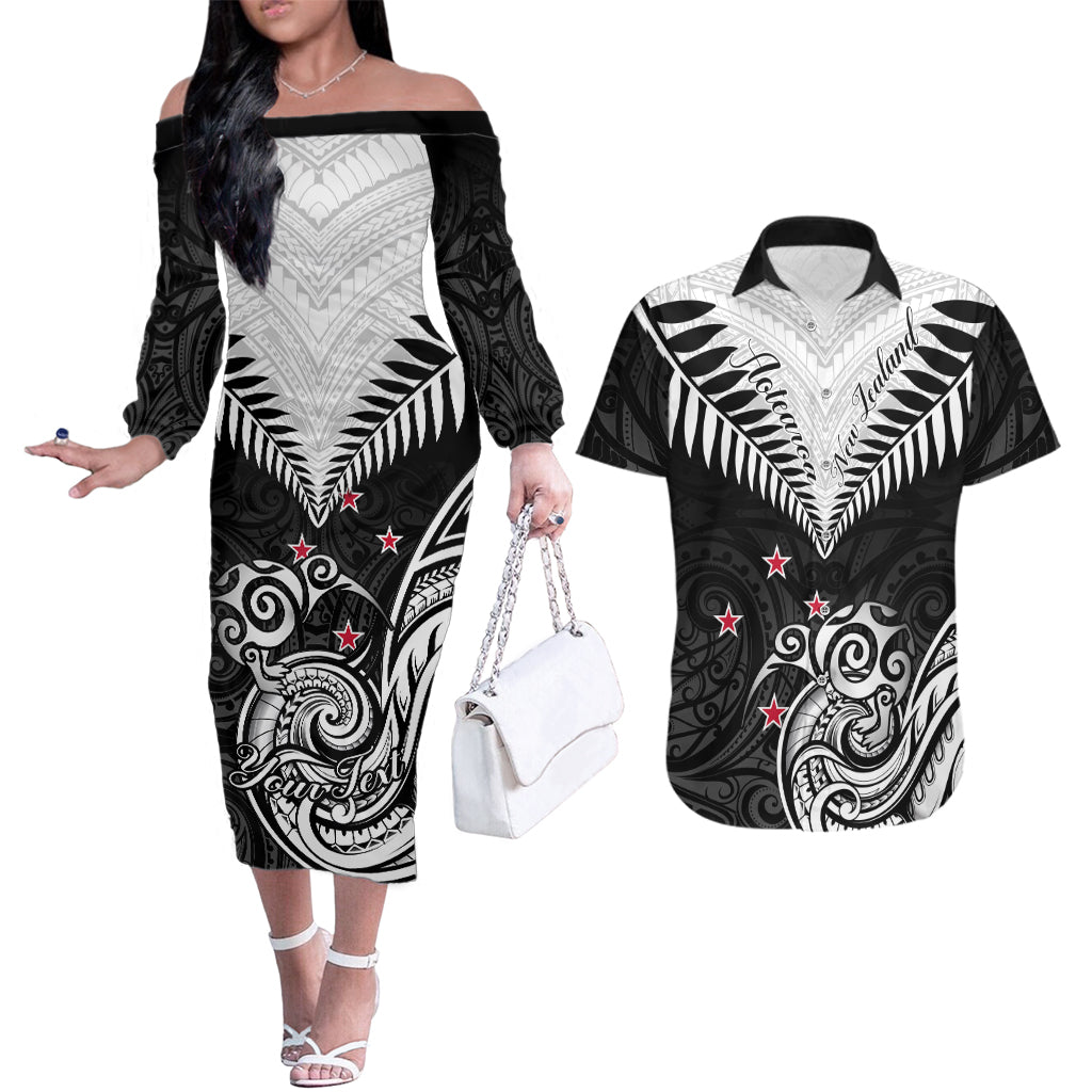 Personalised New Zealand Couples Matching Off The Shoulder Long Sleeve Dress and Hawaiian Shirt Aotearoa Maori Kiwi Black Fern LT01 Black - Polynesian Pride