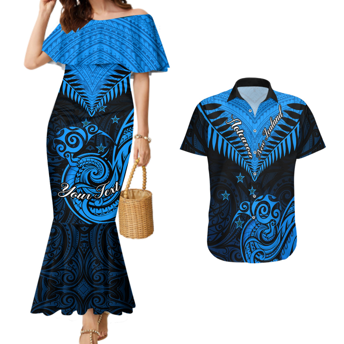 Personalised New Zealand Couples Matching Mermaid Dress And Hawaiian Shirt Aotearoa Blue Maori Kiwi Blue Fern LT01 Blue - Polynesian Pride