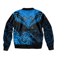 Personalised New Zealand Sleeve Zip Bomber Jacket Aotearoa Blue Maori Kiwi Blue Fern LT01 - Polynesian Pride