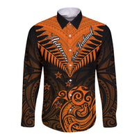 Personalised New Zealand Long Sleeve Button Shirt Aotearoa Maori Kiwi Orange Fern LT01 Unisex Orange - Polynesian Pride