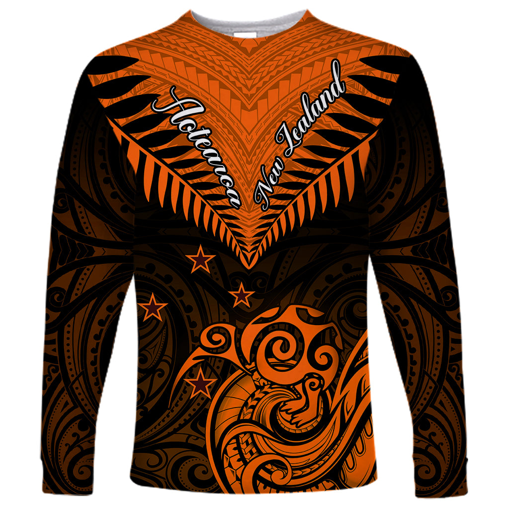 Personalised New Zealand Long Sleeve Shirt Aotearoa Maori Kiwi Orange Fern LT01 Unisex Orange - Polynesian Pride