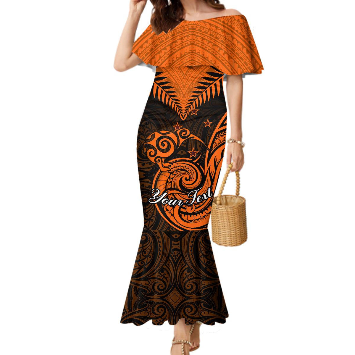 Personalised New Zealand Mermaid Dress Aotearoa Maori Kiwi Orange Fern LT01 Women Orange - Polynesian Pride