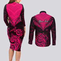 Personalised Aotearoa Couples Matching Long Sleeve Bodycon Dress and Long Sleeve Button Shirts Maori Kiwi Pink Fern LT01 - Polynesian Pride