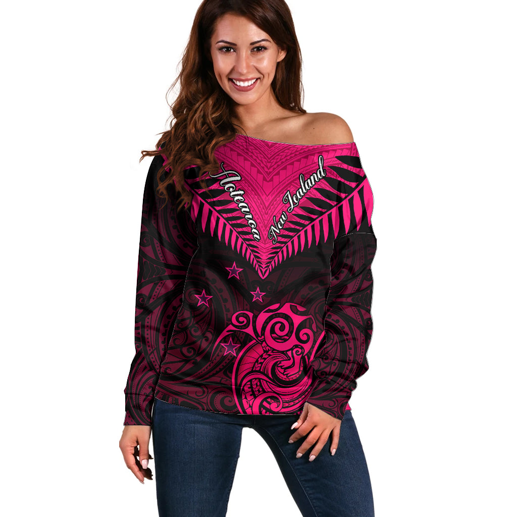Personalised Aotearoa Off Shoulder Sweater Maori Kiwi Pink Fern LT01 Women Pink - Polynesian Pride
