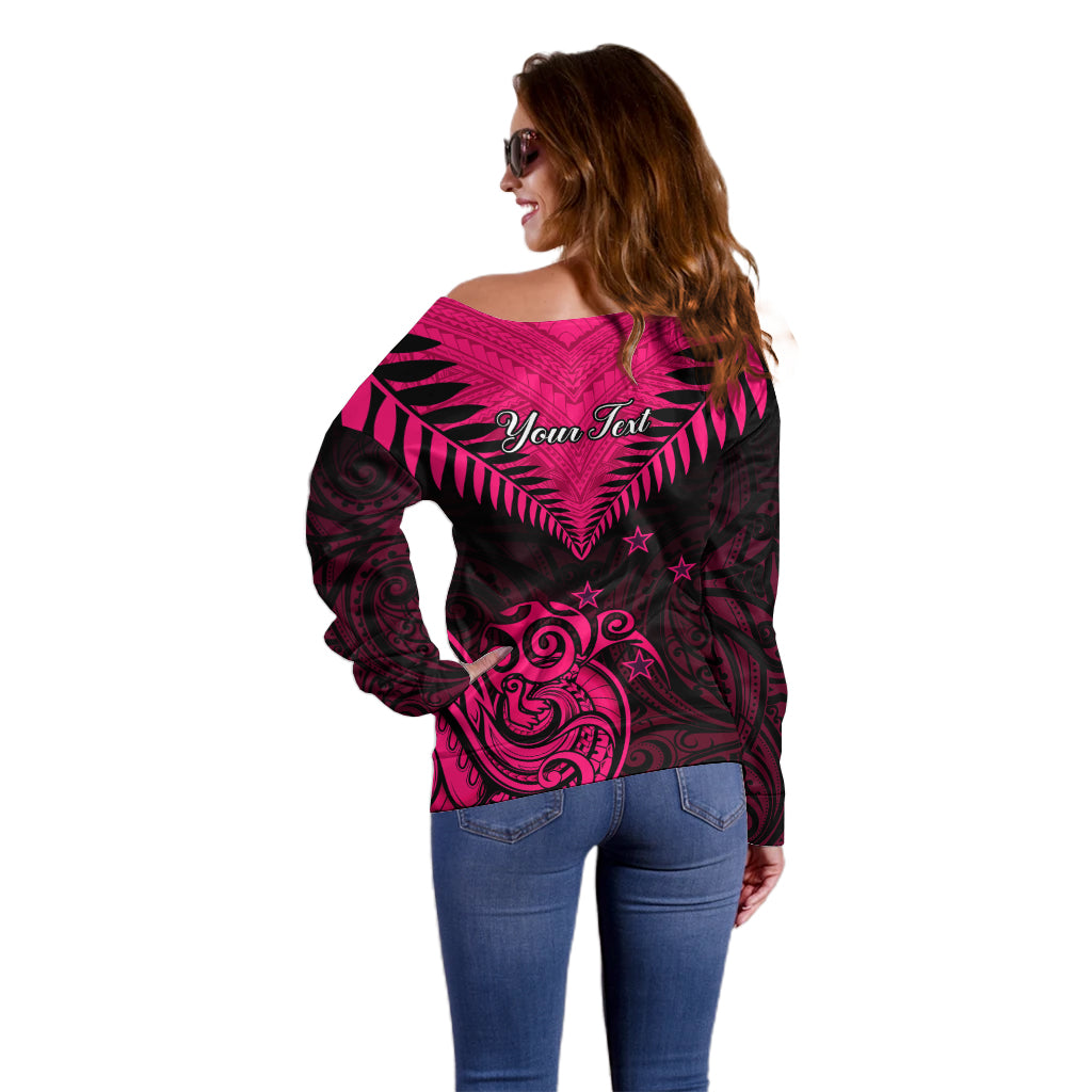 Personalised Aotearoa Off Shoulder Sweater Maori Kiwi Pink Fern LT01 - Polynesian Pride