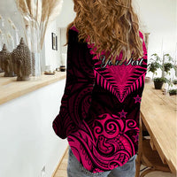 Personalised Aotearoa Women Casual Shirt Maori Kiwi Pink Fern LT01 - Polynesian Pride