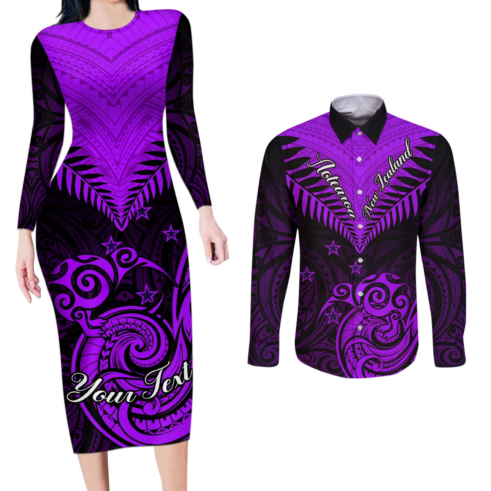 Personalised Aotearoa Couples Matching Long Sleeve Bodycon Dress and Long Sleeve Button Shirts Maori Kiwi Purple Fern LT01 Purple - Polynesian Pride