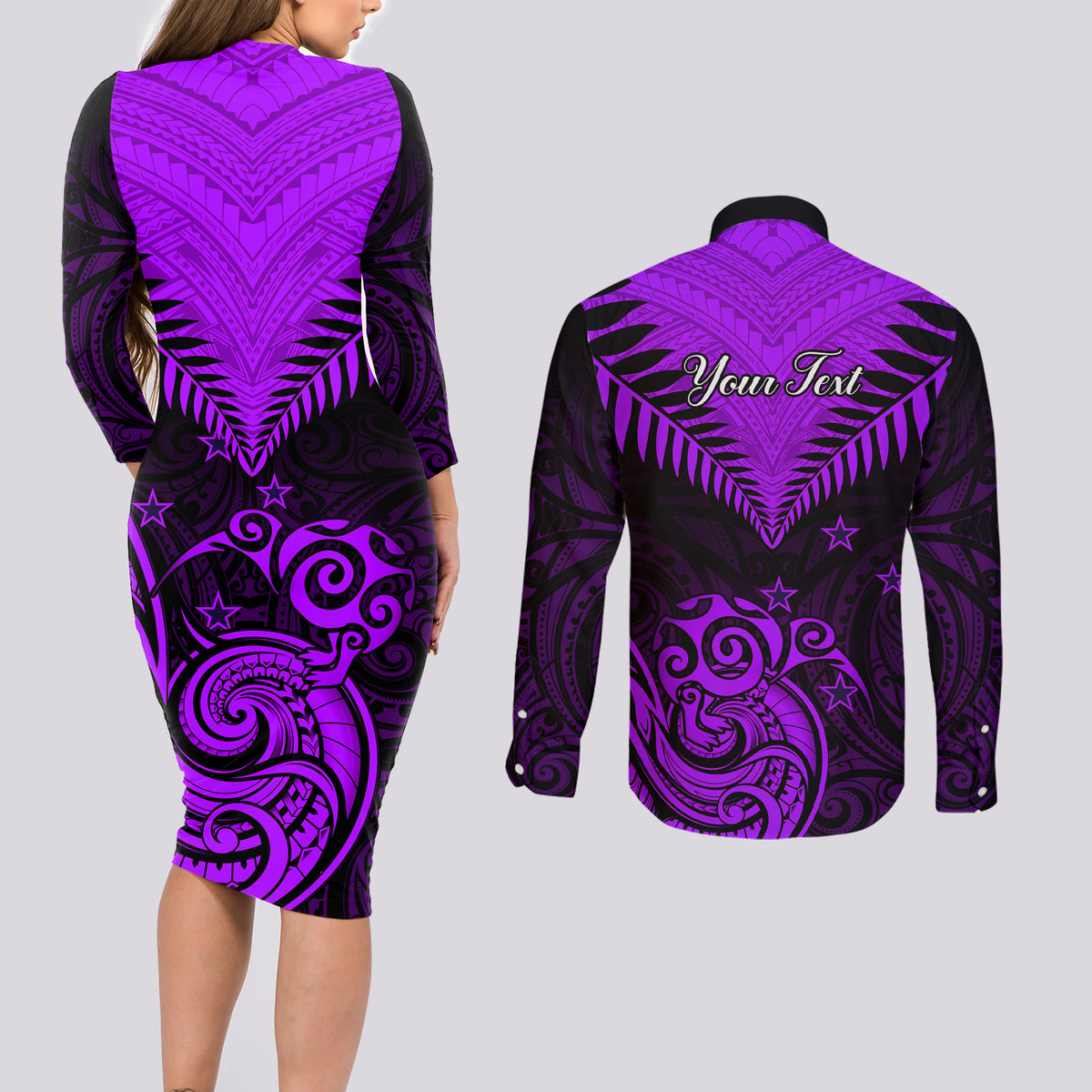 Personalised Aotearoa Couples Matching Long Sleeve Bodycon Dress and Long Sleeve Button Shirts Maori Kiwi Purple Fern LT01 - Polynesian Pride