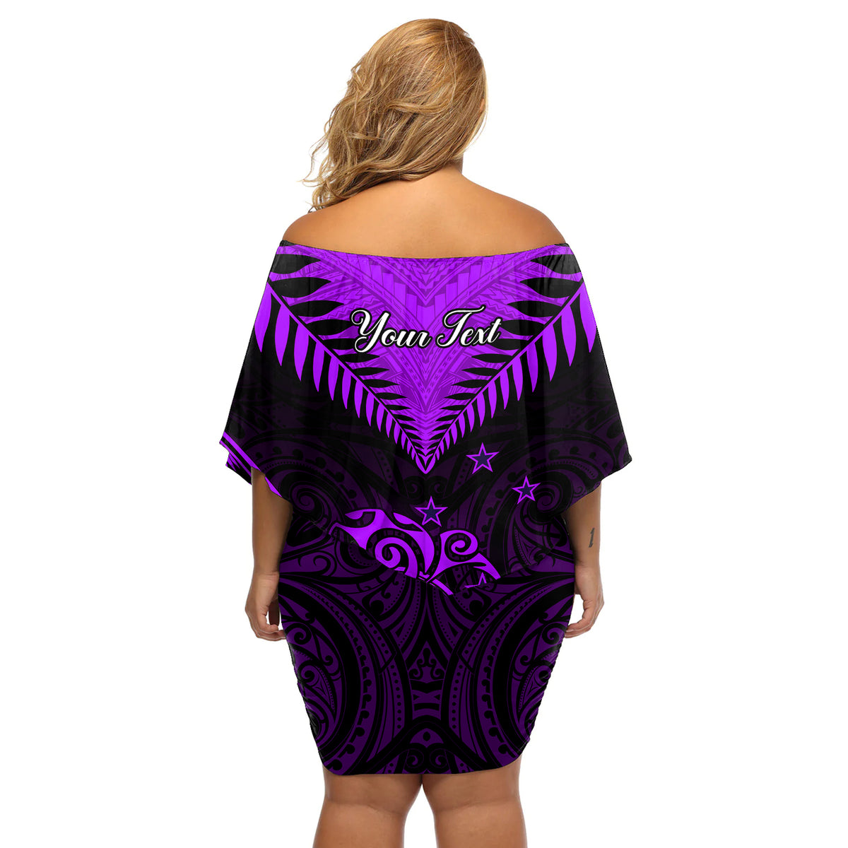 Personalised Aotearoa Off Shoulder Short Dress Maori Kiwi Purple Fern LT01 - Polynesian Pride