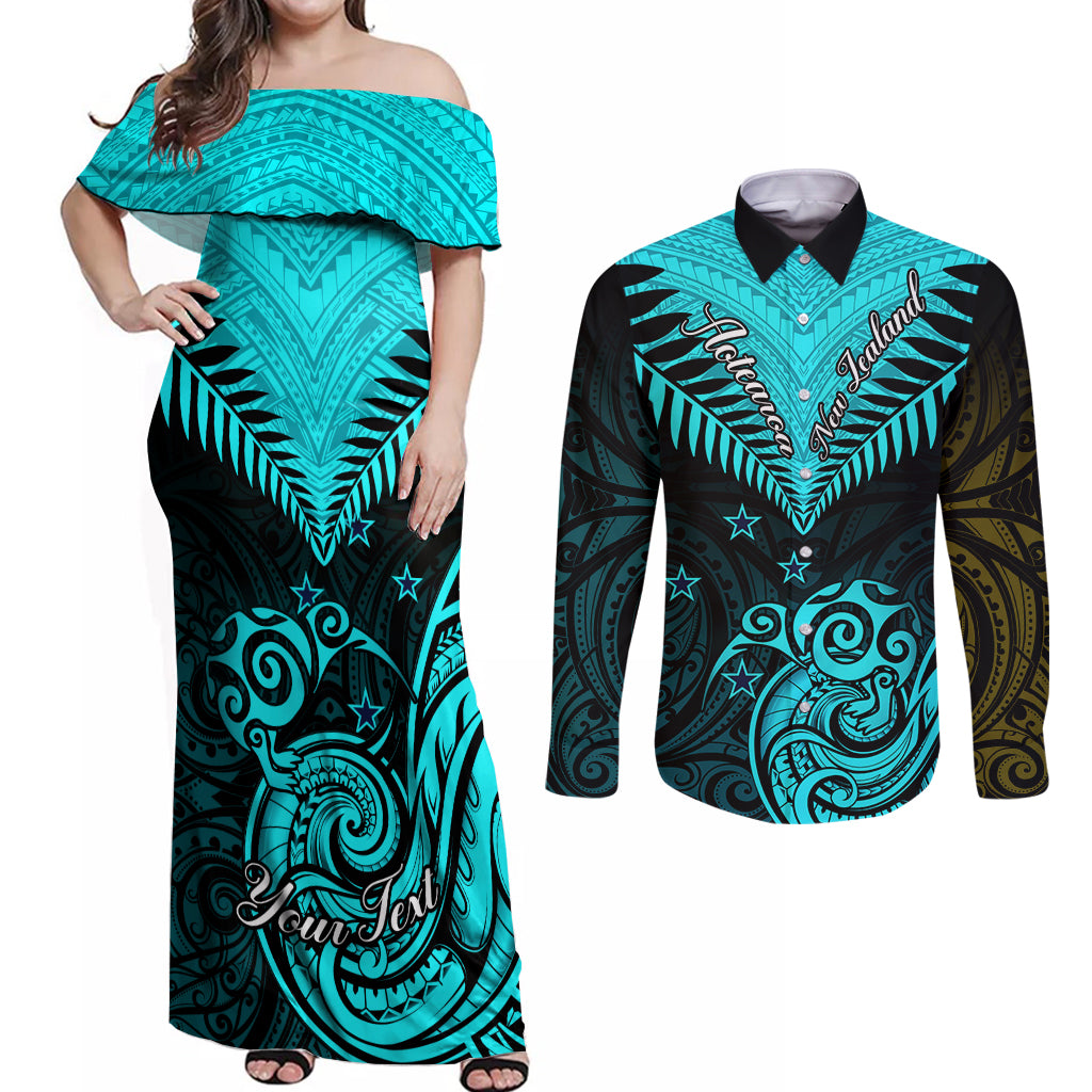 Personalised Aotearoa Couples Matching Off Shoulder Maxi Dress and Long Sleeve Button Shirts Maori Kiwi Turquoise Fern LT01 Turquoise - Polynesian Pride
