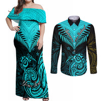 Personalised Aotearoa Couples Matching Off Shoulder Maxi Dress and Long Sleeve Button Shirts Maori Kiwi Turquoise Fern LT01 Turquoise - Polynesian Pride