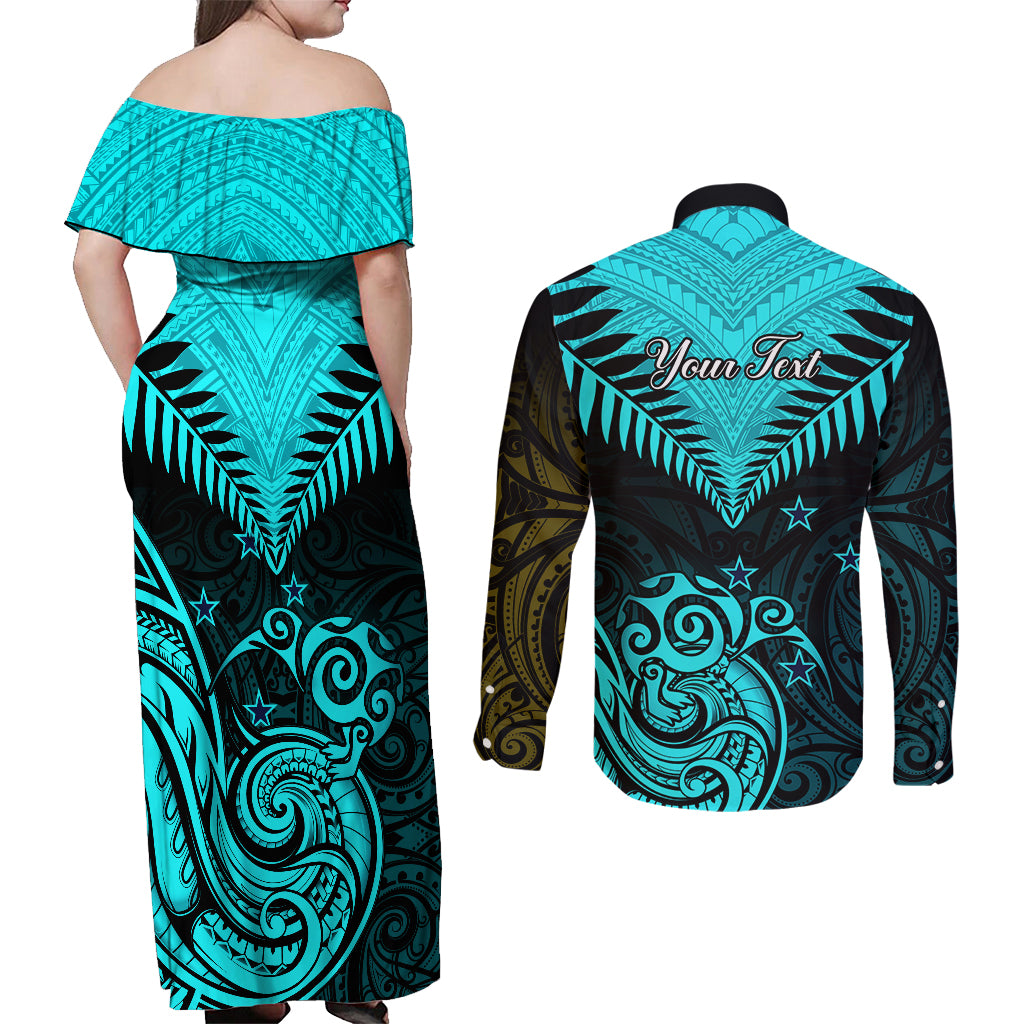 Personalised Aotearoa Couples Matching Off Shoulder Maxi Dress and Long Sleeve Button Shirts Maori Kiwi Turquoise Fern LT01 - Polynesian Pride